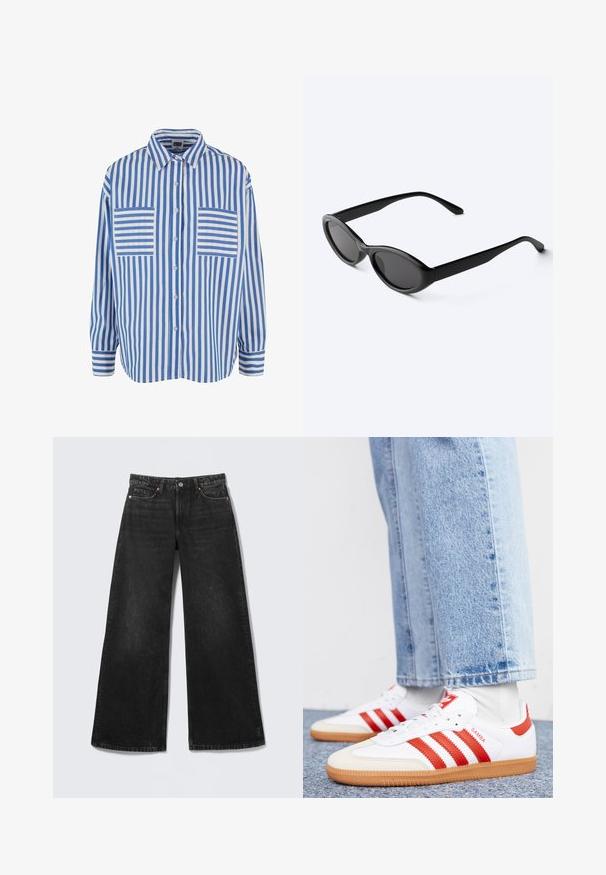 Blau-weiß gestreiftes Hemd mit Knopfleiste, langen Ärmeln und zwei Brusttaschen mit horizontalen Streifen. Baumwollmaterial, lockere Passform.; Schwarze Jeans mit weitem Bein, fünf Taschen und Knopfverschluss, flach auf einem hellen Hintergrund dargestellt.; Weiße Leder Sneaker mit roten Streifen und Akzenten. Verfügt über eine strukturierte Gummi-Laufsohle und einen gepolsterten Schaft. Tragen mit hellblauer Jeans.; Schlanke schwarze ovale Sonnenbrille mit dunklen Gläsern und geraden Bügeln, liegend auf einer weißen Oberfläche.