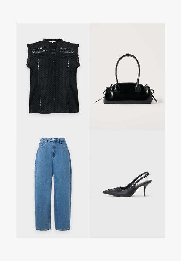 Blouse noire à manches courtes avec une fermeture à boutons, ornée de pois texturés, d'accents en dentelle délicate et d'un détail de volants superposés sur les épaules.; Un pantalon en denim bleu clair avec une coupe droite, taille haute et fermeture à bouton devant. Il comporte cinq poches et des détails de couture minimaux.; Escarpin en cuir noir à talon aiguille avec un bout pointu, une bride latérale à boucle, des clous le long du bord et un laçage décoratif à l'avant.; Petit sac à main noir brillant avec deux longues anses et des détails à cordon sur les côtés sur un fond clair uni.