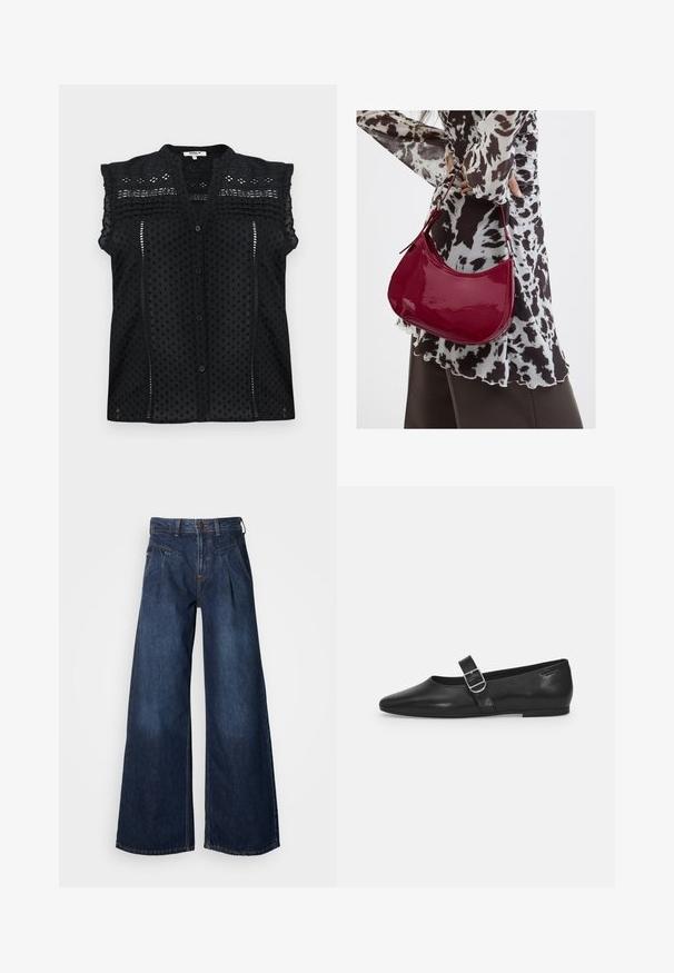 Blouse noire à manches courtes avec une fermeture à boutons, ornée de pois texturés, d'accents en dentelle délicate et d'un détail de volants superposés sur les épaules.; Jeans en denim noir à jambes larges et taille haute, avec des plis avant et des détails de coutures subtils. Texture lisse, design décontracté.; Chaussure plate en cuir noir avec un bout arrondi, une seule sangle réglable à boucle et une texture lisse et brillante. Design minimaliste avec un petit talon.; Femme portant un chemisier à motif noir et blanc tenant un sac à main rouge brillant sur un fond uni.