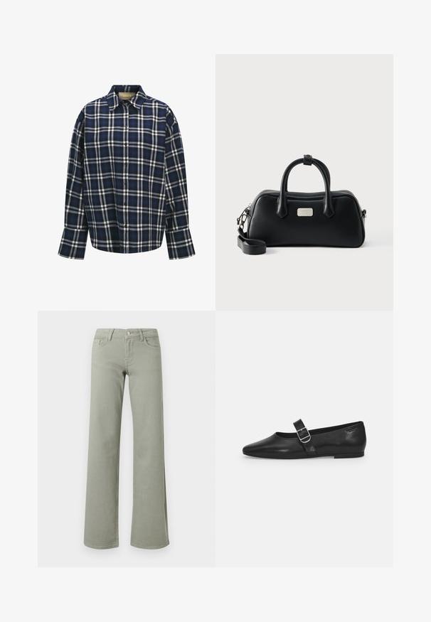 Karierte Hemd in Marineblau, Weiß und Schwarz. Mit Kragen, Knopfleiste und langen Ärmeln mit Manschetten. Weicher Stoff.; Hellgrüne High-Waist-Hose mit geradem Bein, Bund mit Knopf, Reißverschluss sowie Vorder- und Gesäßtaschen auf weißem Hintergrund.; Schwarzer Lederflatschuh mit runder Zehenform, einem verstellbaren Schnallenriemen und einer glatten, glänzenden Oberfläche. Minimalistisches Design mit einem niedrigen Absatz.; Schwarze rechteckige Ledertasche mit zwei Griffen, abnehmbarem Schulterriemen und kleiner silberner Markenlogo-Plakette vorne.