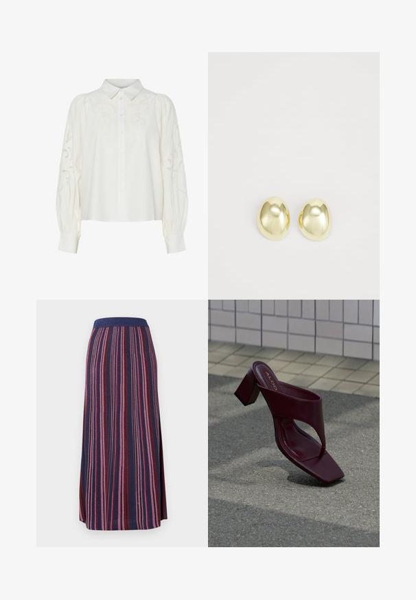 Camisa blanca de botones con estampados florales bordados en el frente y las mangas. Cuenta con mangas abullonadas y un cuello clásico.; Falda maxi con rayas verticales en tonos azul marino, rosa y rojo, que presenta una ancha cinturilla elástica.; Sandalia de tacón alto de color rojo oscuro con puntera cuadrada y tira ancha, situada sobre un fondo de superficie de baldosas y asfalto.; Pendientes de metal en tono dorado, con forma suave y redondeada y acabado pulido. Diseño sencillo sin adornos adicionales.