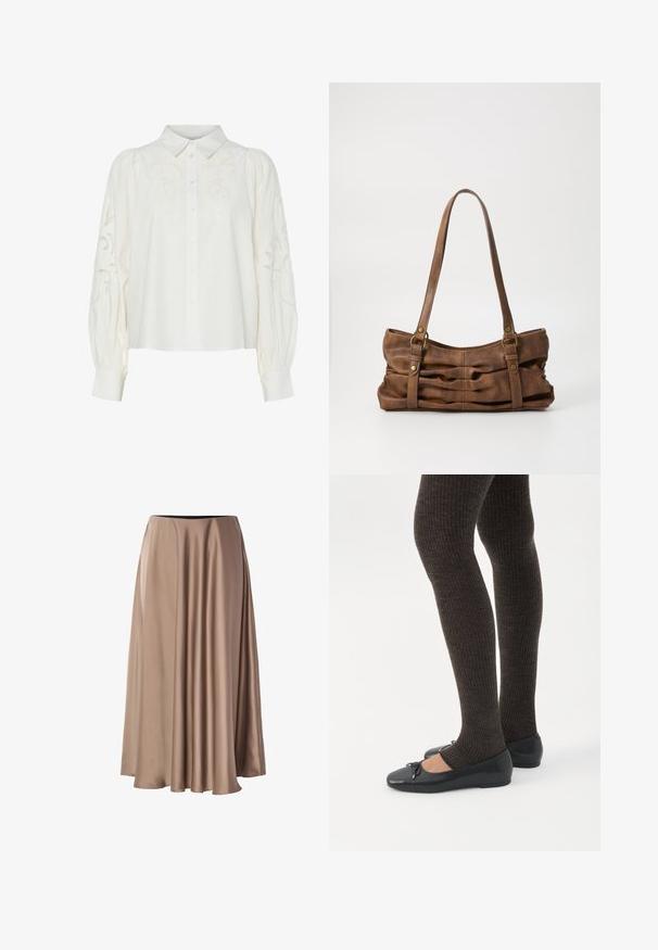 Hvid skjorte med knapper og broderede blomsterMønstre på forsiden og ærmerne. Har puffede ærmer og en klassisk krave.; Lang A-linjeet nederdel lavet af glat, blankt stof i en lys beige farve. Har en elastisk talje og en flydende draperet design.; Ben iført mørke ribbede leggings kombineret med sorte balletsko med små sløjfedetaljer på hvid baggrund.; Even&Odd Håndtasker - brown