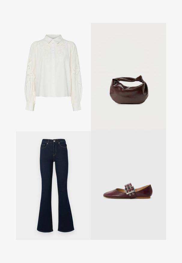 Camisa blanca de botones con estampados florales bordados en el frente y las mangas. Cuenta con mangas abullonadas y un cuello clásico.; Vaqueros acampanados azul oscuro con cintura alta, bolsillos delanteros y costuras en contraste, confeccionados con tela vaquera de textura suave.; Bailarinas de cuero burdeos con punta afilada, tira ancha con hebilla plateada y múltiples agujeros, suela plana, textura suave.; Bolso de hombro de cuero marrón oscuro con una forma suave y caída, y un asa con nudo torcido sobre un fondo blanco liso.