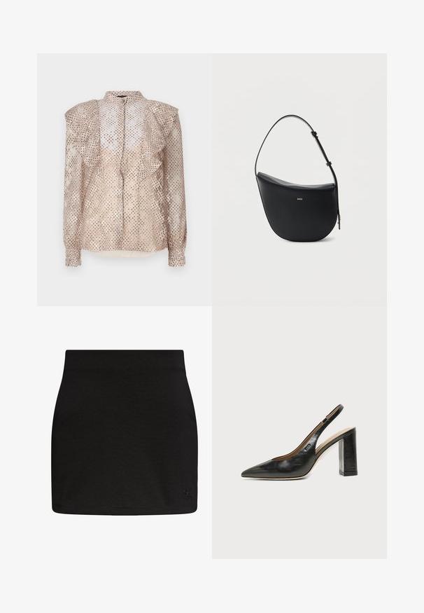 Blouse beige avec un motif à pois, épaules volantes et manches longues. Présente un devant à boutons et un tissu léger et transparent.; Mini-jupe noire Calvin Klein à coupe droite avec un logo CK discret sur l'ourlet inférieur droit.; Chaussure slingback en cuir noir à bout pointu avec un talon bloc haut et une doublure intérieure beige sur un fond clair uni.; Sac à bandoulière en cuir noir en forme de demi-lune avec une bandoulière réglable et le logo doré « BOSS » centré sur le devant.