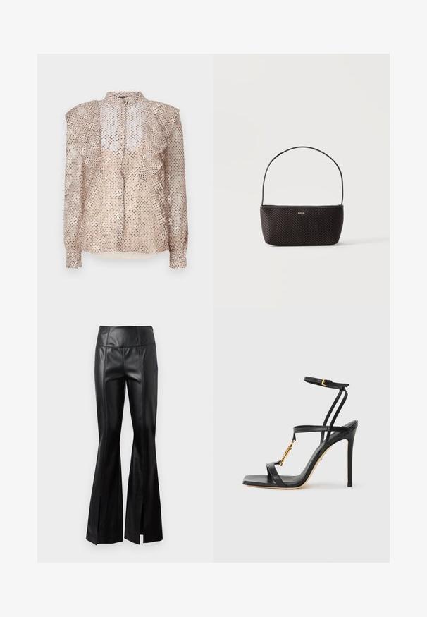 Blouse beige avec un motif à pois, épaules volantes et manches longues. Présente un devant à boutons et un tissu léger et transparent.; Pantalons taille haute en simili cuir noir avec des détails de couture verticaux et des fentes à l'avant sur l'ourlet évasé, sur fond blanc uni.; Sandale noire à talons hauts avec fines lanières, détail en métal doré, design à bout ouvert et texture lisse en cuir. Dispose d'un talon aiguille élancé.; Sac à main noir tissé texturé avec une seule bandoulière et un petit logo doré "BOSS" au centre devant.