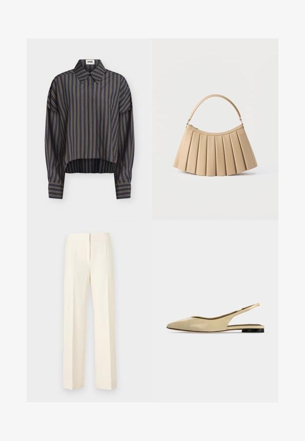 Chemise bleu marine à manches longues avec des rayures beiges verticales, col classique, poignets boutonnés et ourlet légèrement arrondi.; Pantalon droit sur mesure couleur blanc cassé avec pli avant, ceinture et fermeture avant dissimulée sur un fond uni.; Chaussure plate beige à bout pointu avec bride arrière, petit talon noir et finition en cuir lisse, vue de côté sur un fond uni.; Sac à main plissé beige avec fermeture éclair incurvée en haut et poignée arquée simple, présenté sur un fond blanc.