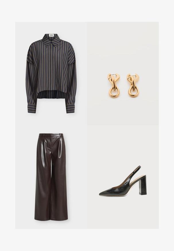 Chemise bleu marine à manches longues avec des rayures beiges verticales, col classique, poignets boutonnés et ourlet légèrement arrondi.; Pantalon marron en simili cuir taille haute, jambes larges avec passants de ceinture et couture frontale sur fond uni.; Chaussure slingback en cuir noir à bout pointu avec un talon bloc haut et une doublure intérieure beige sur un fond clair uni.; Paire de boucles d'oreilles créoles en bouclettes dorées brillantes sur fond blanc uni, présentant un design torsadé entrelacé.