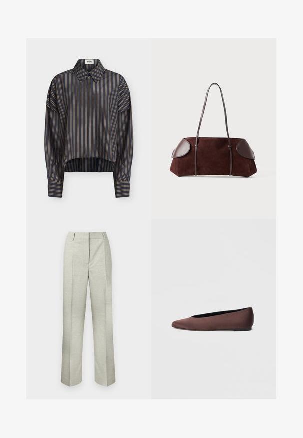 Chemise bleu marine à manches longues avec des rayures beiges verticales, col classique, poignets boutonnés et ourlet légèrement arrondi.; Pantalons plissés gris clair en tissu texturé, présentant une coupe droite et une taille plate sans fermetures visibles.; Ballerines en tissu marron avec un bout pointu et une texture lisse, dotées d'un talon bas et d'une fine semelle noire. Aucune motif ni élément métallique visible.; Sac en daim marron avec des accents en cuir, forme structurée, double poignées, bords arrondis, présentant une texture lisse et un matériel minimal.