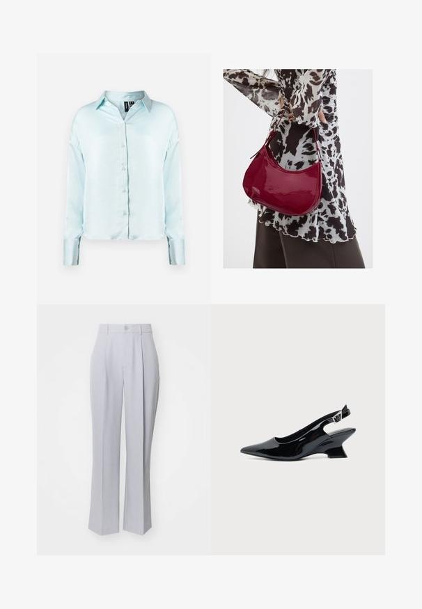 Chemise boutonnée à manches longues bleu clair avec un col classique, un tissu doux et un ourlet légèrement court avec des manches à poignets.; Pantalons taillés gris clair avec une coupe droite, présentant un pli avant unique, une fermeture à bouton et une texture tissée lisse.; Chaussure slingback en cuir verni noir avec bout pointu et petit talon bloc incliné sur fond clair uni.; Femme portant un chemisier à motif noir et blanc tenant un sac à main rouge brillant sur un fond uni.