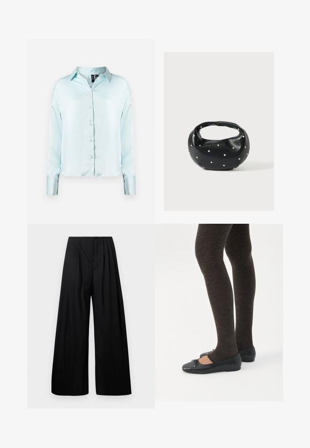Chemise boutonnée à manches longues bleu clair avec un col classique, un tissu doux et un ourlet légèrement court avec des manches à poignets.; Pantalons larges noirs à taille haute, dotés de plis verticaux et d'une fermeture à bouton. Texture lisse, design minimaliste.; Jambes portant des leggings côtelés foncés associés à des ballerines noires avec de petits détails en nœud sur fond blanc.; Sac à main en cuir noir de forme arrondie, décoré de clous argentés et équipé d'une poignée courte. Texture lisse et fermeture éclair.