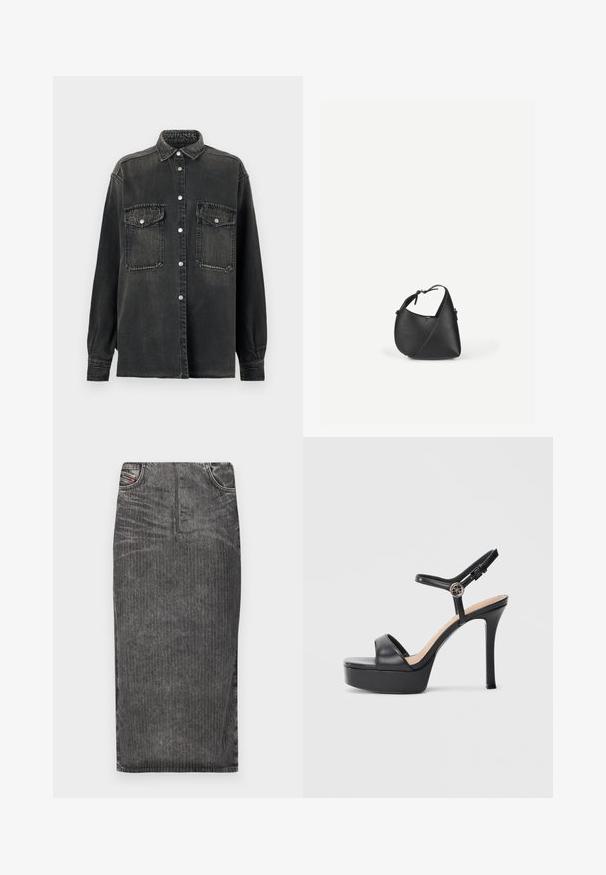 Replay SHIRT - Blúzka so zapínaním na gombíky - dark grey; Sivá džínová midi sukňa s vertikálnymi prúžkami, s vysokým pásom, piatimi vreckami a čistým lemovaním.; Čierne platformové sandále s vysokým štíhlym podpätkom, vybavené hladkým koženým zvrškom, dizajnom s otvorenou špičkou a nastaviteľným členkovým remienkom s kovovými prvkami.; Čierna kožená kabelka cez rameno s zaobleným trojuholníkovým tvarom a nastaviteľným remienkom na svetlom jednoduchom pozadí.