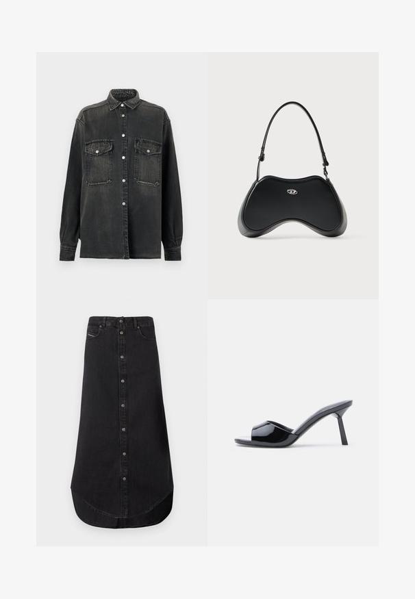 Replay SHIRT - Skjortebluser - dark grey; Sort denim midi nederdel med forrest lukning med knapper, buet kant, bæltestropper og forreste lommer.; Sorte laklæder sandaletter med åben tå, der har et buet overdesign og en spids stilethæl. Glat, blank finish.; Sort håndtaske i kunstlæder med en unik buet form, kort håndtag og et sølvfarvet logodetalje foran. Glat tekstur, minimalistisk design.