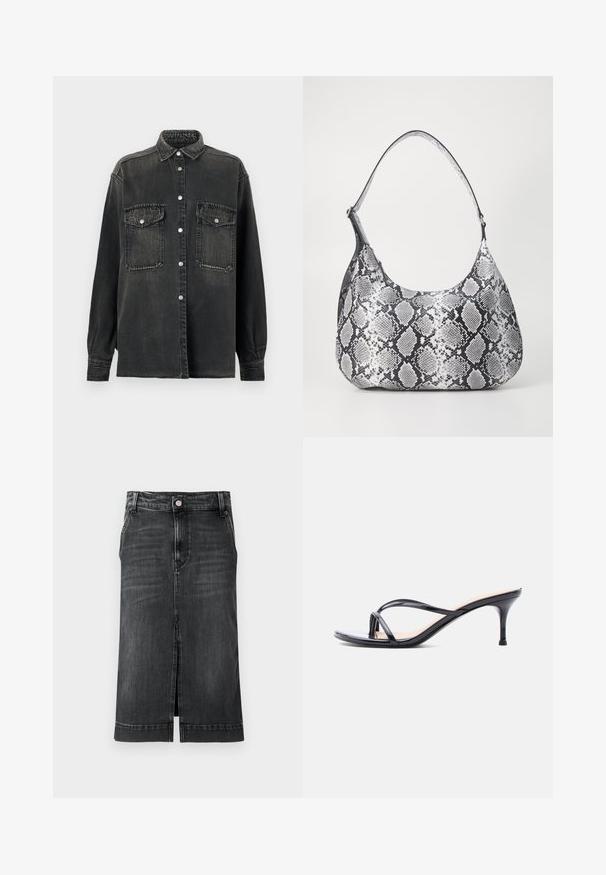 Replay SHIRT - Πουκαμίσα με κουμπιά - dark grey; Σκούρα τζιν φούστα με ίσια γραμμή, μέχρι το γόνατο, μπροστινό σκίσιμο και κλασικό σχέδιο πέντε τσεπών. Διαθέτει κλείσιμο με κουμπί και βρόχους ζώνης.; Μαύρο πέδιλο από λουστρίνι με λεπτά σταυρωτά λουριά και λεπτό μεσαίου ύψους τακούνι στιλέτο σε λευκό φόντο.; Μαύρη και άσπρη τσάντα ώμου με σχέδιο φιδιού, στρογγυλή μορφή, λεία υφή και καμπύλη λουρί. Διαθέτει μεταλλικό αξεσουάρ σε ασημί απόχρωση.