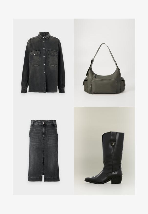 Replay SHIRT - Overhemdblouse - dark grey; Donkerdenim rok met een rechte snit, knielang, met een split aan de voorkant en een klassiek vijf-pocket ontwerp. Heeft een knoopsluiting en riemlussen.; Hoge zwarte leren cowboylaars met spitse neus, stevige hak en treklus met een klein gouden logo.; Groene leren schoudertas met een gebogen ontwerp, met een ritsvak aan de voorkant en extra zijvakken. Gladde textuur en minimale hardware.