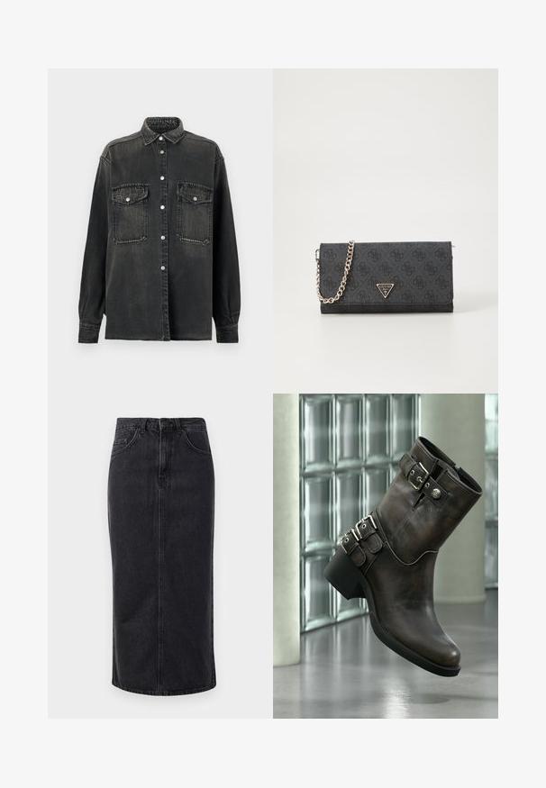 Replay SHIRT - Blúzka so zapínaním na gombíky - dark grey; Čierna denimová midi sukňa so straight strihom, päť vreckami a zapínaním na gombík. Obsahuje surový lem a jemnú vyblednutú textúru.; Tmavohnedá kožená členková čižma s masívnym podpätkom a dekoratívnymi kovovými prackami, na pozadí modernej steny z okrúhlych sklenených blokov.; Čierna peňaženka vyrobená z textúrovaného materiálu, s reťazovým popruhom, striebornými kovovými časťami a trojuholníkovým logom na prednej strane. Elegantný vzorový dizajn.