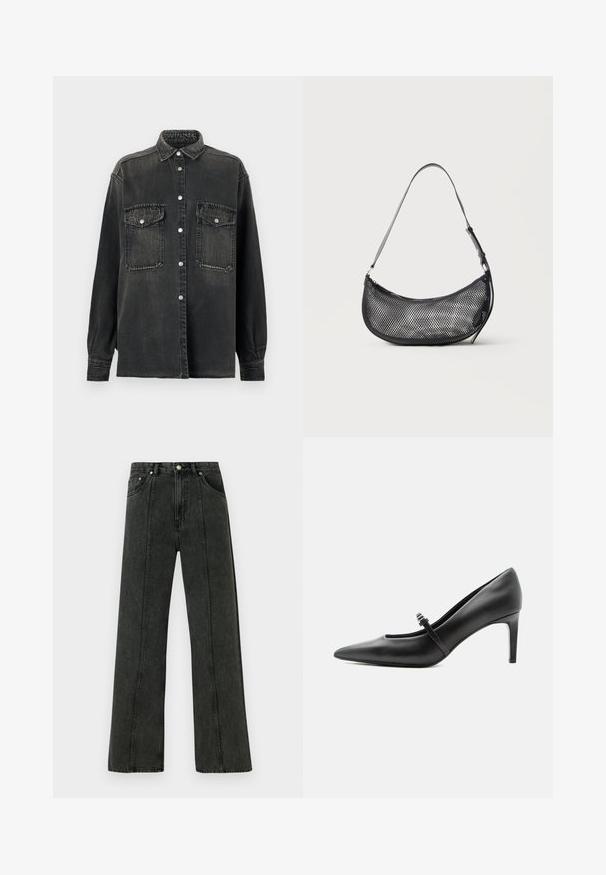 Replay SHIRT - Blusa - dark grey; Vaqueros de tiro alto y pierna ancha en denim gris oscuro. Presentan un diseño clásico de cinco bolsillos y costuras visibles a lo largo de las costuras frontales.; Zapato de tacón alto de cuero negro con punta puntiaguda, con tira fina y hebilla sobre el empeine, sobre fondo claro y neutro.; Pequeño bolso de hombro negro de malla con forma de media luna y correa fina ajustable, sobre un fondo claro y liso.
