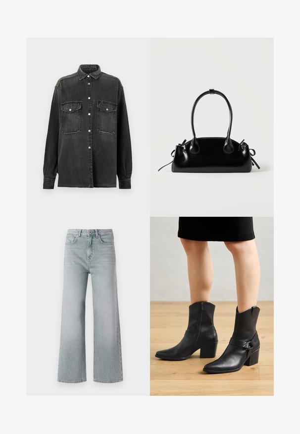 Replay SHIRT - Blusa - dark grey; Jeans de pierna ancha gris claro, hechos de mezclilla con un acabado desgastado. Presentan cinco bolsillos, pasadores para cinturón y un cierre con botón delantero.; Botines de cuero negro con punta afilada, cierre de cremallera, tacón curvado y una correa decorativa con detalles metálicos.; Pequeño bolso negro brillante con dos asas largas y detalles de cordón lateral sobre un fondo claro liso.