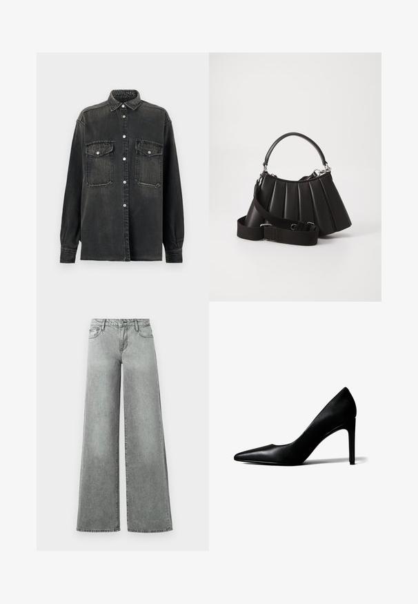 Replay SHIRT - Blúzka so zapínaním na gombíky - dark grey; Šedé široké džínsy vyrobené z denimu, s piatimi vreckami, vysokým pásom a mierne vyblednutým povrchom s viditeľným šitím.; Čierna kožená vysoká podpätková obuv s ostrou špičkou a úzkym ihličkovým podpätkom na bielom pozadí.; Čierna plisovaná kabelka s okrúhlou rukoväťou, nastaviteľným popruhom a lesklou textúrou. Obsahuje strieborné kovanie a štruktúrovaný siluetu.