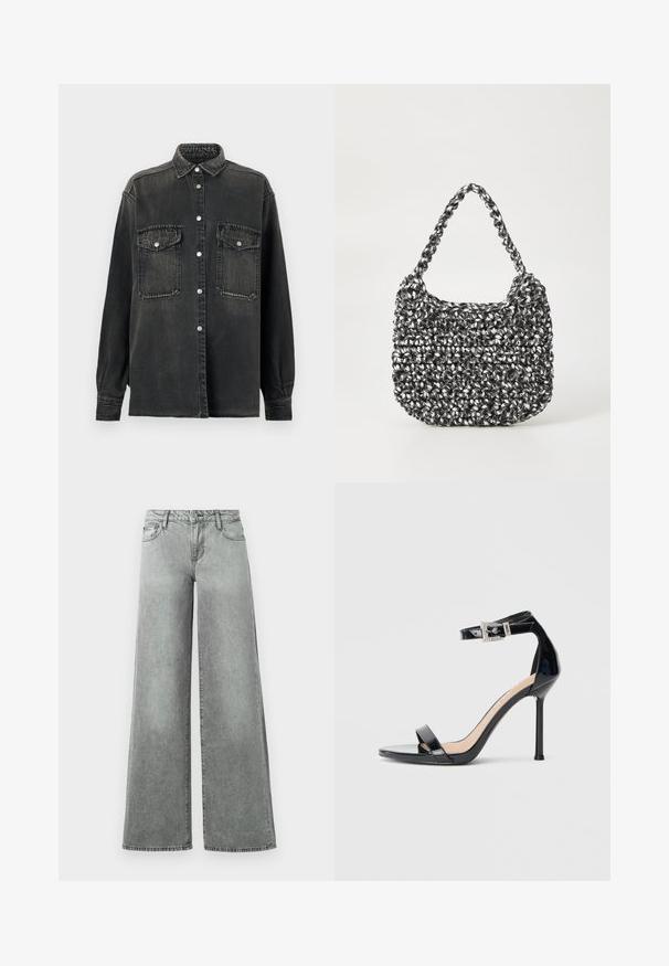Replay SHIRT - Blúzka so zapínaním na gombíky - dark grey; Šedé široké džínsy vyrobené z denimu, s piatimi vreckami, vysokým pásom a mierne vyblednutým povrchom s viditeľným šitím.; Čierna vysoká sandála z lakovanej kože s popruhom okolo členka. Vyznačuje sa minimalistickým dizajnom, otvorenou špičkou a prackou zdobenou trblietavými kamienkami.; Tkaná kabelka v čierno-bielej kombinácii s oválnym tvarom, textúrovaným povrchom a pletenou rúčkou. Vhodná na bežné nosenie.