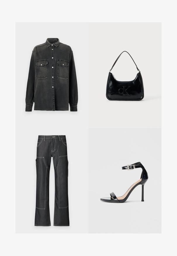 Replay SHIRT - Blusa - dark grey; Pantalones cargo de denim oscuro con costuras en contraste blancas, que cuentan con múltiples bolsillos y un diseño de pierna acampanada. Tejido duradero y cierre de botón de metal.; Sandalia de tacón alto en piel sintética negra con correa en el tobillo. Presenta un diseño minimalista, punta abierta y una hebilla con detalles de pedrería.; Bolso de mano de piel sintética negra con un asa curvada en la parte superior, cierre de cremallera y logo "cK" en relieve en el frente. Textura suave, forma estructurada.