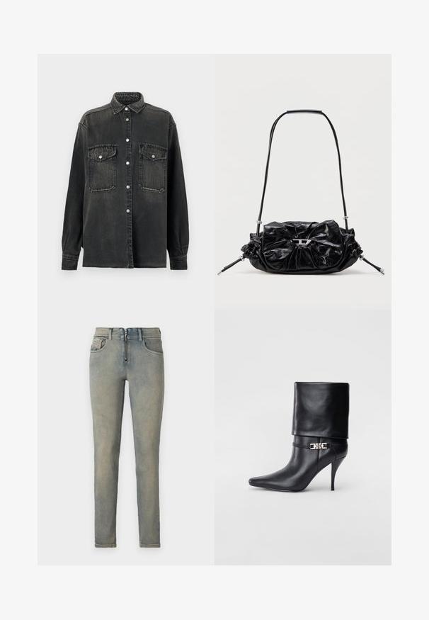 Replay SHIRT - Blusa - dark grey; Jeans ajustados en denim azul claro, con cremallera frontal, cinco bolsillos y un lavado desvanecido con sutiles variaciones de color.; Botín de cuero negro hasta el tobillo con punta afilada, tacón alto de aguja, puño doblado y un detalle decorativo de hebilla dorada en el tobillo.; Bolso de mano de cuero negro con diseño fruncido y detalle de lazo en la parte frontal. Cuenta con un asa corta y detalles metálicos en color plata.