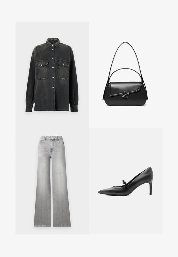 Replay SHIRT - Skjortebluser - dark grey; Bredde ben grå denim jeans med en falmet finish, frontlomme og knaplukning. Har lige ben og klassisk kant.; Sort læderspids højhælede sko med tynd rem og spænde over vristen, stående på en neutral lys baggrund.; Sort skuldertaske i læder med en buet klap, der er fastgjort med en rund metal spænde, og en slank, justerbar rem.