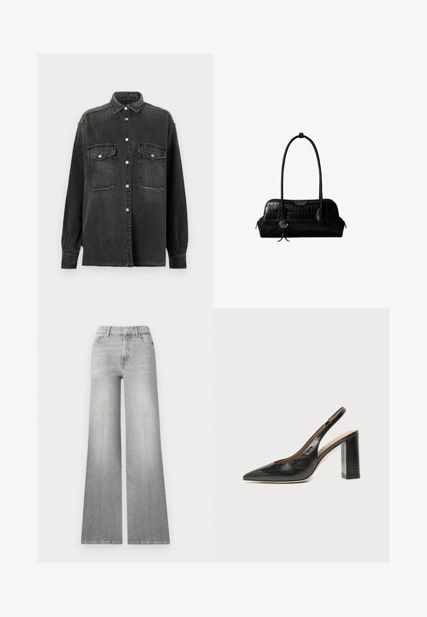 Replay SHIRT - Blúzka so zapínaním na gombíky - dark grey; Svetlošedé džínsy s voľnými nohavicami a vyblednutým vzhľadom, predná vrecko a zapínanie na gombík. Má rovný strih nohavíc a klasický lem.; Čierna kožená slingback obuv s špicatou špičkou, vysokým hrubým podpätkom a béžovou vnútornou podšívkou na svetlom jednofarebnom pozadí.; Čierna kožená kabelka na rameno s krokodílou štruktúrou, dlhými remienkami a malým strieborným príveskom s logom na jednom remienku.