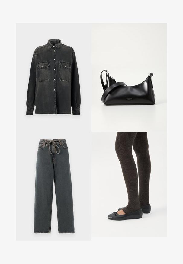 Replay SHIRT - Blúzka so zapínaním na gombíky - dark grey; Tmavé džínsy s širokými nohavicami, s šnúrkou v páse, viditeľným prešívaním a hladkou textúrou. Majú voľný strih a rovné nohavice.; Nohy v tmavých pásikavých legínach v kombinácii s čiernymi balerínkami s malými mašličkami na bielom pozadí.; Čierna kožená kabelka s hladkou textúrou. Obsahuje nastaviteľný popruh a elegantný, minimalistický dizajn so zipsovým uzatvorením.