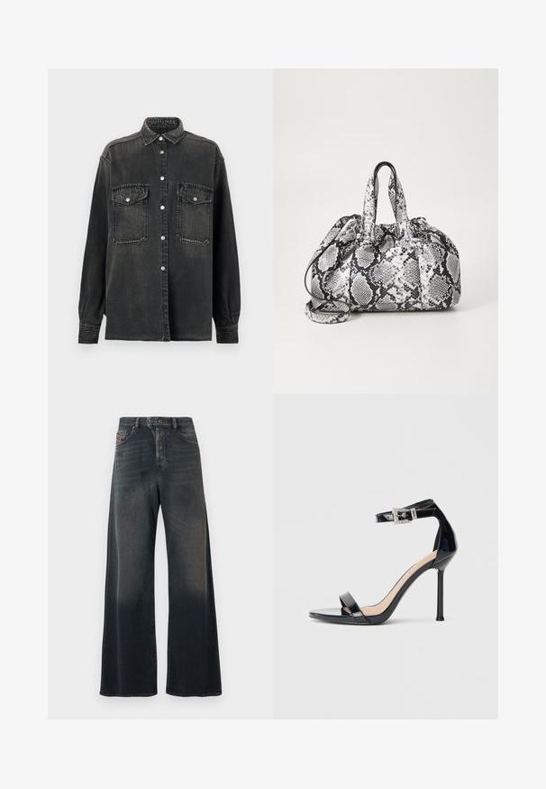Replay SHIRT - Skjortebluser - dark grey; Vidbenede jeans i mørk vaskede denim med en diskret falmet tekstur, der har en knapgylp og baglommer med syningsdetaljer.; Sort højhælet sandal i laklæder med ankelrem. Har minimalistisk design, åben tå og spænde med rhinsten-detaljer.; Håndtaske med sort og hvid slidmønster, to håndtag, snøre lukning og aftagelig skulderrem. Glat tekstur.