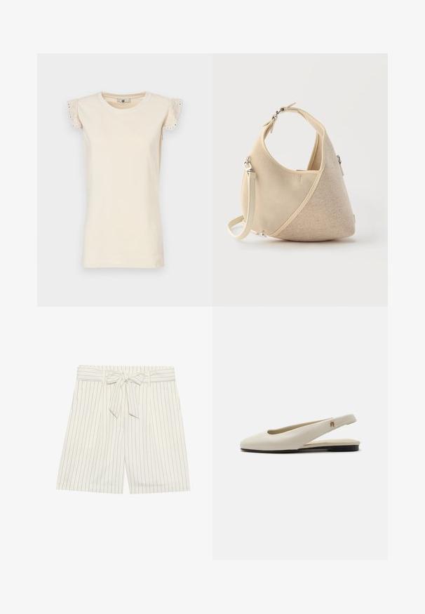 TWINSET Blúzka - almond beige/dark almond beige; Biele pruhované šortky s opaskom v páse. Látka má úzke tmavé pruhy a dizajn obsahuje sklady pre dodatočné detaily.; Kožená slingbacková balerína krémovej farby s zaoblenou špičkou a malým zlatým emblémom na popruhu.; Béžová kabelka v tvare polmesiaca s kombinovanými textúrami látok, krátkym držadlom a odopínateľným ramenným popruhom, na svetlom pozadí.