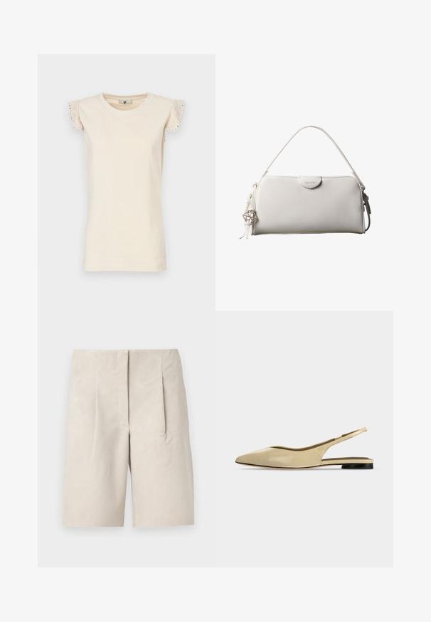 TWINSET Pluus - almond beige/dark almond beige; Bežist nahkšortsid, millel on lõdvestunud sobivus, kahel esisel plekil ja puhtal vöökohtades. Sile tekstuur, keskmise reie pikkus.; Beež värvi terava nina, madala musta kontsaga ja sileda nahkpinna ning rihmaga tasapinnaline king side-vaates tavalise taustaga.; Valge ristkülikukujuline Calvin Kleini käekott ühe käepidemega, minimalistliku disainiga ja dekoratiivsete tutikestega, mille küljes on geomeetrilise metallist ripats.
