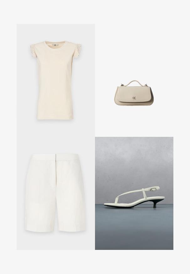 TWINSET Blouse - almond beige/dark almond beige; Witte katoenen shorts met een rechte snit, vlakke voorkant en subtiele textuur. Heeft een tailleband en geen zichtbare zakken. Eenvoudig ontwerp.; Witte sandaal met smalle bandjes en kitten heel, met een spitse neus, zwevend boven een houten tegelvloer buiten, met op de achtergrond een wazige plant en muur.; Kleine beige leren handtas met bovenhandvat en zilveren CK-logo op de voorflap, getoond tegen een witte achtergrond.