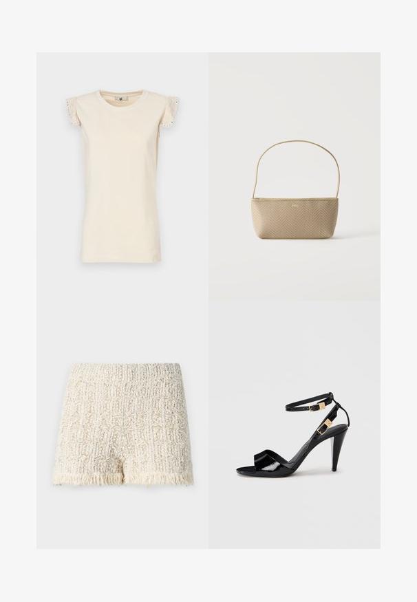 TWINSET Μπλούζα - almond beige/dark almond beige; Λευκές υφασμάτινες σορτς με πλεκτό σχέδιο και φράντζα στο τελείωμα. Μαλακό υλικό με ελαφρώς αφράτη εμφάνιση, σχεδιασμένο για άνεση.; Μαύρα παπούτσια από πατεντέ δέρμα με ψηλή φτέρνα, διπλές λουριά στον αστράγαλο και χρυσούς αγκράφες, ανοιχτό δάχτυλο και λεπτή, κωνική φτέρνα σε ουδέτερο φόντο.; Μπεζ υφασμάτινη τσάντα χειρός με λεπτό ιμάντα ώμου και μικρό χρυσό λογότυπο "BOSS" μπροστά, σε απλό λευκό φόντο.
