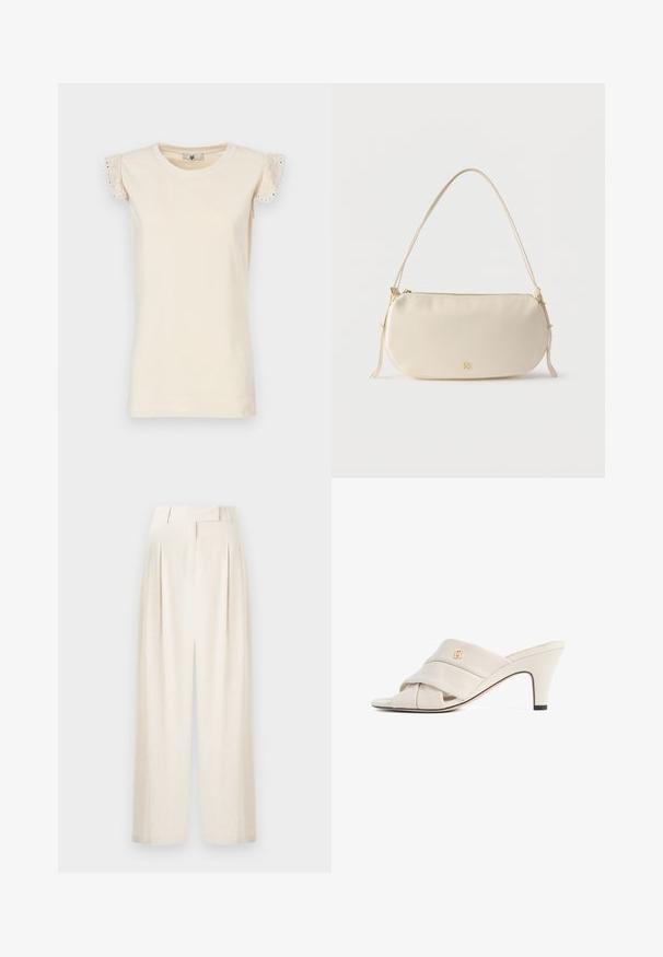 TWINSET Bluse - almond beige/dark almond beige; Cremefarvede vide bukser lavet af tekstureret stof, med høj talje, læg og lige pasform.; Beige højhælede mules med et snoet læderstropdesign, åben tå og præget logoaccent. Hælen har en sort spidsdetalje.; Kræmmerhvid lille skuldertaske med enkelt rem, lynlås og diskret gyldent mærkelogo på forsiden.