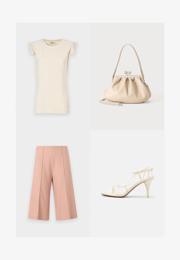 TWINSET Μπλούζα - almond beige/dark almond beige; AERON PEN - Σορτς - mottled pink; NEOUS GIENA - Ψηλοτάκουνα πέδιλα - cream; Μπεζ μαλακή δερμάτινη τσάντα με ασημένιο μεταλλικό πλαίσιο κλεισίματος, έναν μονό ιμάντα ώμου και προαιρετικό αλυσίδα ιμάντα σε λευκό φόντο.