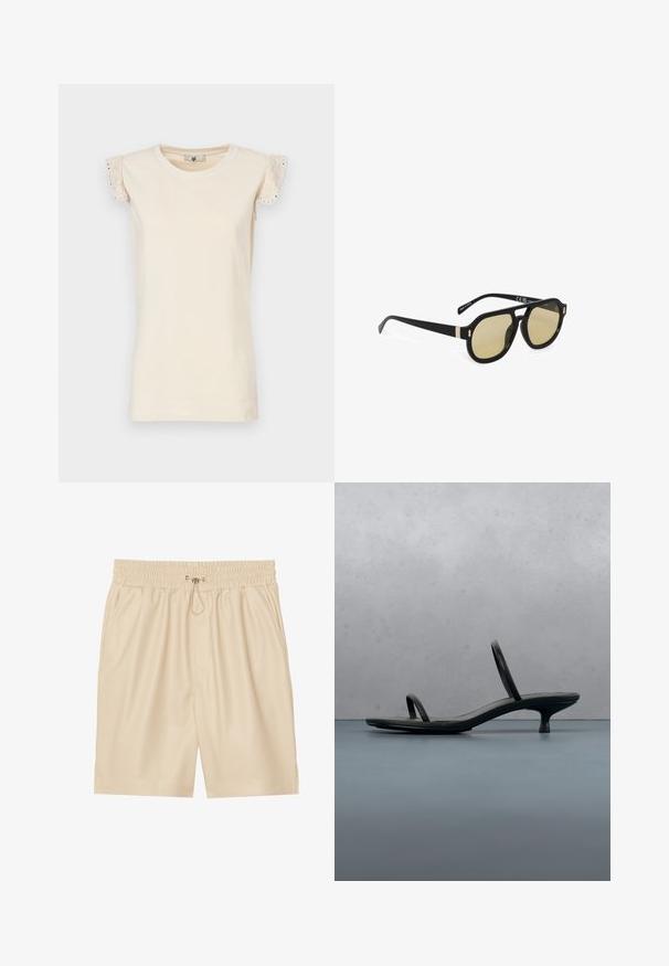 TWINSET Bluse - almond beige/dark almond beige; Beige faux læder shorts med elastisk talje og snøre. Har sidelommer og en afslappet pasform. Glat tekstur.; Sort Calvin Klein sandal med hæl og tynde stropper, balancerende på træfliser udendørs nær en væg og grønne planter.; Solbriller med sort ramme, gult tonede linser og guldaccent nær hængslerne, placeret i en trekvart vinkel på en hvid baggrund.