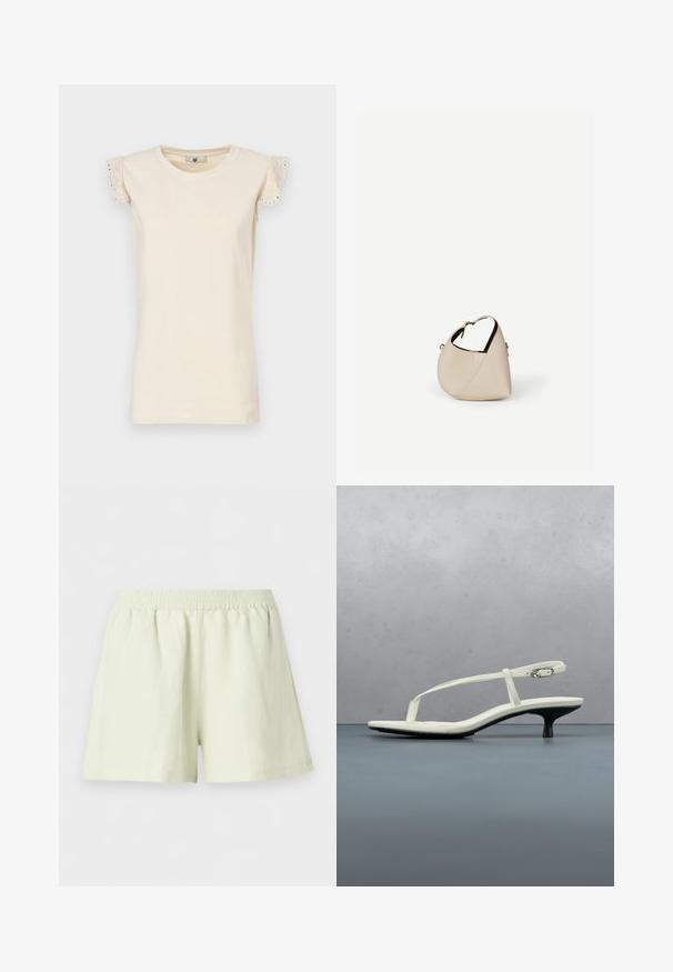 TWINSET Blouse - almond beige/dark almond beige; Lichtbeige korte broek met elastische tailleband, losse pasvorm en effen ontwerp, weergegeven op een witte achtergrond.; Witte sandaal met smalle bandjes en kitten heel, met een spitse neus, zwevend boven een houten tegelvloer buiten, met op de achtergrond een wazige plant en muur.; Beige leren handtas in halvemaanvorm met een enkele schouderband en minimale stiksels, afgebeeld tegen een effen witte achtergrond.