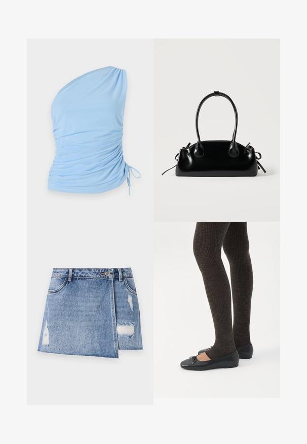 Haut bleu clair à une épaule en tissu doux. Présente des détails froncés sur le côté et un lien ajustable à l'ourlet. Texture lisse.; Jupe en denim mini en bleu clair avec des zones décolorées et des détails usés. Elle dispose d'une fermeture à boutons à l'avant et d'une conception traditionnelle à cinq poches.; Jambes portant des leggings côtelés foncés associés à des ballerines noires avec de petits détails en nœud sur fond blanc.; Petit sac à main noir brillant avec deux longues anses et des détails à cordon sur les côtés sur un fond clair uni.