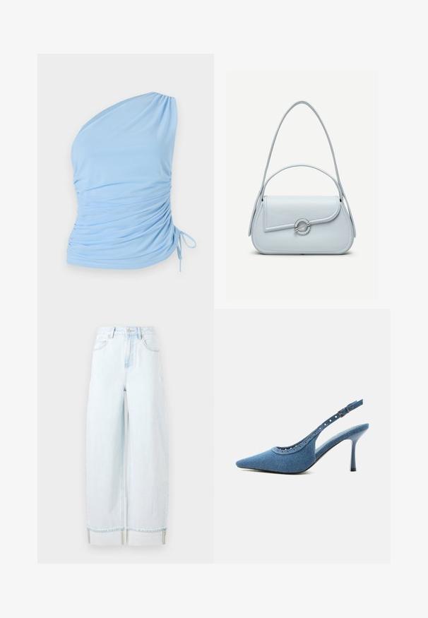 Haut bleu clair à une épaule en tissu doux. Présente des détails froncés sur le côté et un lien ajustable à l'ourlet. Texture lisse.; Jean large en denim bleu clair, doté d'une taille haute, de poches avant et d'un ourlet roulé avec des accents de couture visibles.; Chaussure à talon haut slingback en denim bleu à bout pointu avec détails œillets argentés et bride réglable à boucle.; Sac à main en cuir bleu clair avec rabat arrondi, fermoir circulaire argenté et deux bretelles d'épaule sur un fond uni.