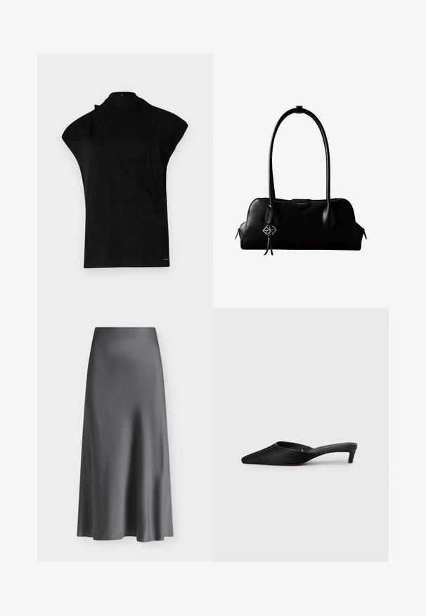 Top negro de cuello alto con mangas tipo farol, que presenta un diseño asimétrico y una larga corbata al cuello. Hecho de un tejido suave con un aspecto minimalista.; Falda midi de satén gris oscuro, de talle alto, con textura suave y dobladillo ligeramente acampanado sobre un fondo blanco liso.; Mules de ante negro con puntera afilada y tacón bajo. Presentan una textura suave y una parte trasera abierta para facilitar su uso. Diseño sencillo sin patrones.; Bolso de mano negro de cuero Calvin Klein con asas largas, una etiqueta con el logo frontal y un colgante geométrico plateado que cuelga de una de las asas.