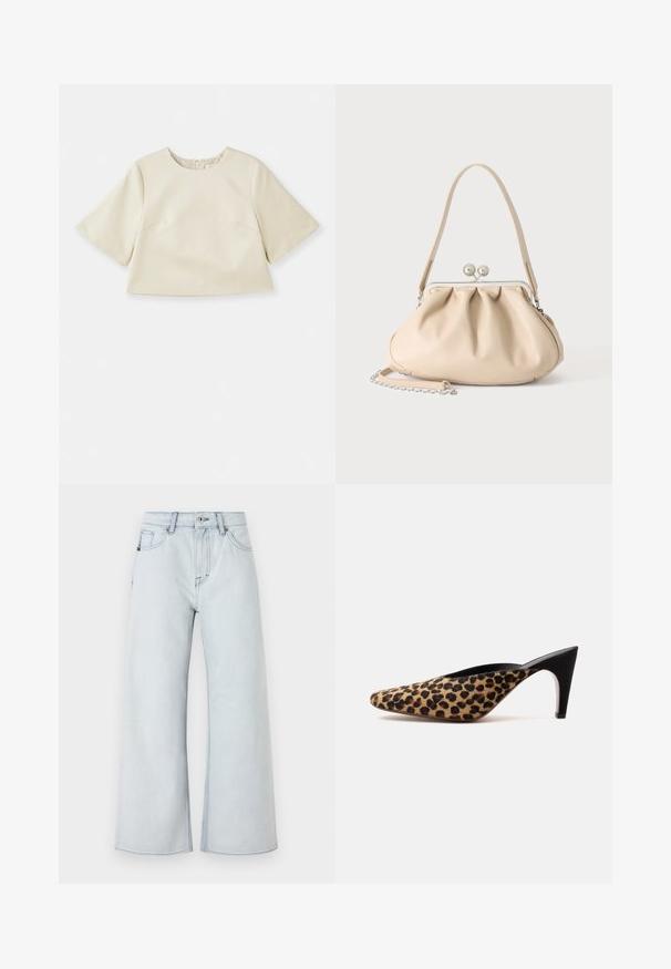 Crème-kleurige cropped top van glad materiaal, met korte mouwen, een ronde halslijn en subtiele naaddetails.; Lichtblauwe jeans met een wijde pijp ontwerp, gemaakt van denim. Voorzien van een vijf-pocketstijl, riemlussen en een knoopsluiting.; Puntschoen muilezool met luipaardprint bovenwerk en zwarte middelhoog stilettohak op een effen witte achtergrond.; Beige zachte leren handtas met een zilveren metalen frame sluiting, een enkele schouderriem en een optionele kettingriem op een witte achtergrond.