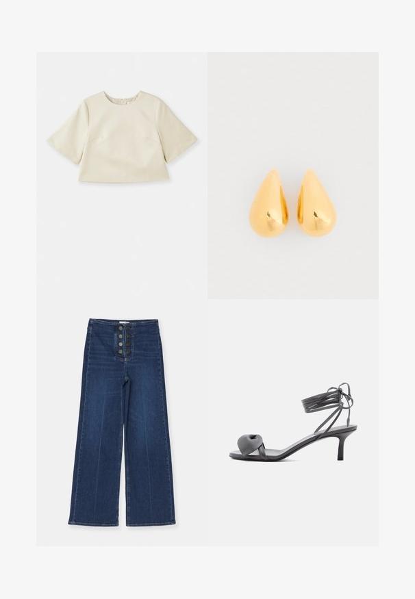 Crème-kleurige cropped top van glad materiaal, met korte mouwen, een ronde halslijn en subtiele naaddetails.; Wijdvallende denim jeans in donkerblauw, met een hoge taille en een vijfknopen sluiting aan de voorkant, met een gladde textuur en een lichte vervaging.; Grijze leren sandaal met hak, voorzien van een geknoopte band bij de tenen en wikkellinten rond de enkel op een slanke sandaal met een middenhoge hak, tegen een witte achtergrond.; Gouden druppelvormige oorbellen met een gladde, gepolijste oppervlakte en ronde onderkanten, die het licht weerkaatsen met een glanzende afwerking.