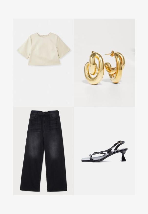Cremefarvet cropped top lavet af glat materiale, med korte ærmer, rund halsudskæring og subtile syninger.; Mother THE SPINNER ZIP SNEAK - Jeans Relaxed Fit - black; Sort lædersandal til kvinder med tynde stropper, firkantet tå, justerbar ankelrem og udvidet mellemhøj hæl.; Charlotte Chesnais BO INITIAL BLOW - Øreringe - gold-coloured