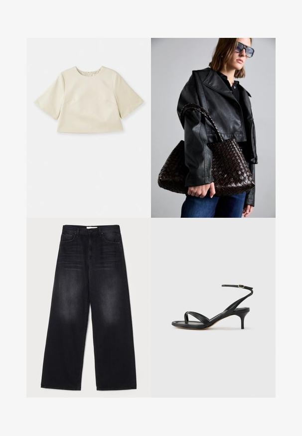 Crème-kleurige cropped top van glad materiaal, met korte mouwen, een ronde halslijn en subtiele naaddetails.; Mother THE SPINNER ZIP SNEAK - Relaxed fit jeans - black; Zwarte leren dames sandaal met dunne bandjes, een teengreep, een enkelgesp en een stilettohak van gemiddelde hoogte op een neutrale achtergrond.; DRAGON DIFFUSION SANTA CROCE BIG - Handtas - dark brown