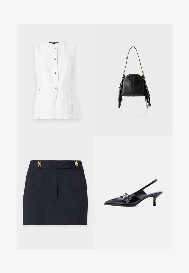 Gilet blanc sans manches avec des boutons dorés sur le devant et une bordure verticale en dentelle décorative des deux côtés.; Mini-jupe noire à fines rayures avec couture avant et clips décoratifs dorés à la taille sur fond blanc.; Chaussure à talon bas en cuir verni noir avec bride arrière, bout pointu et détail boucle argentée sur fond blanc uni.; Sac à main en cuir noir avec une forme courbée, une longue bandoulière réglable et des franges de chaque côté sur un fond clair.