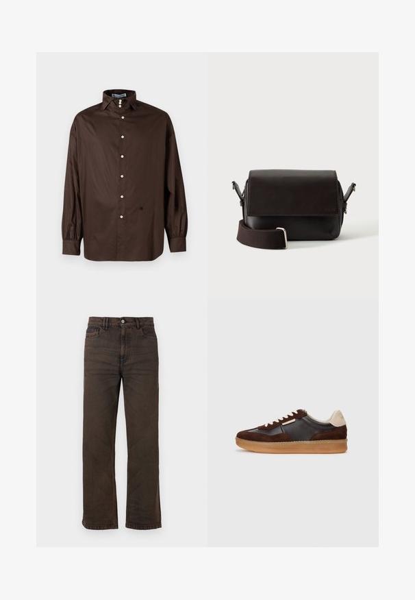 Braun langærmet skjorte i et glat stof med klassisk krave, frontlukning med knapper og elastiske manchetter; har et diskret logodetalje.; Mørkebrune jeans med lige ben, forlommer, bæltestropper og knaplukning foran på en ensfarvet baggrund.; Brune ruskinds- og lædersneakers med en gummisål, der har cremefarvede accenter og hvide snørebånd. Rund snude og minimal detaljer.; Mørkebrun lædertaske med flaplukning og justerbar stofrem på hvid baggrund.