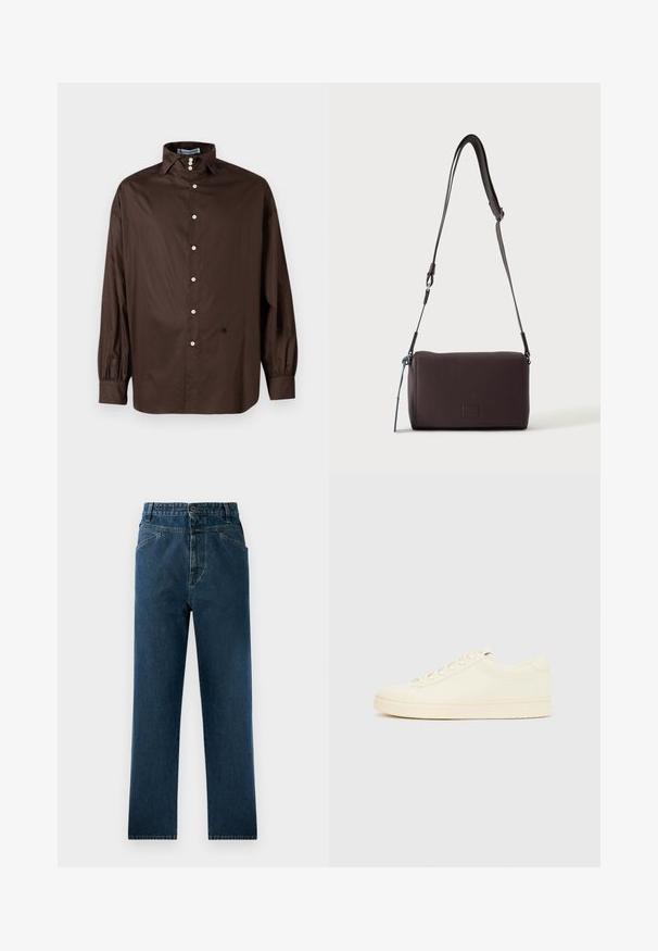 Chemise longue à manches marron en tissu lisse avec un col classique, fermeture à boutons sur le devant et poignets élastiqués ; présente un détail logo subtil.; Jean droit en denim bleu foncé avec taille haute, comprenant des poches avant et une fermeture à bouton. Tissu texturé avec un léger dégradé.; Baskets couleur crème avec une tige en cuir lisse, bout arrondi, laçage à l'avant et semelle en caoutchouc texturée. Design minimaliste, sans logo.; Sac bandoulière en cuir marron foncé texturé avec une sangle réglable et un petit accent décoratif bleu sur le côté.
