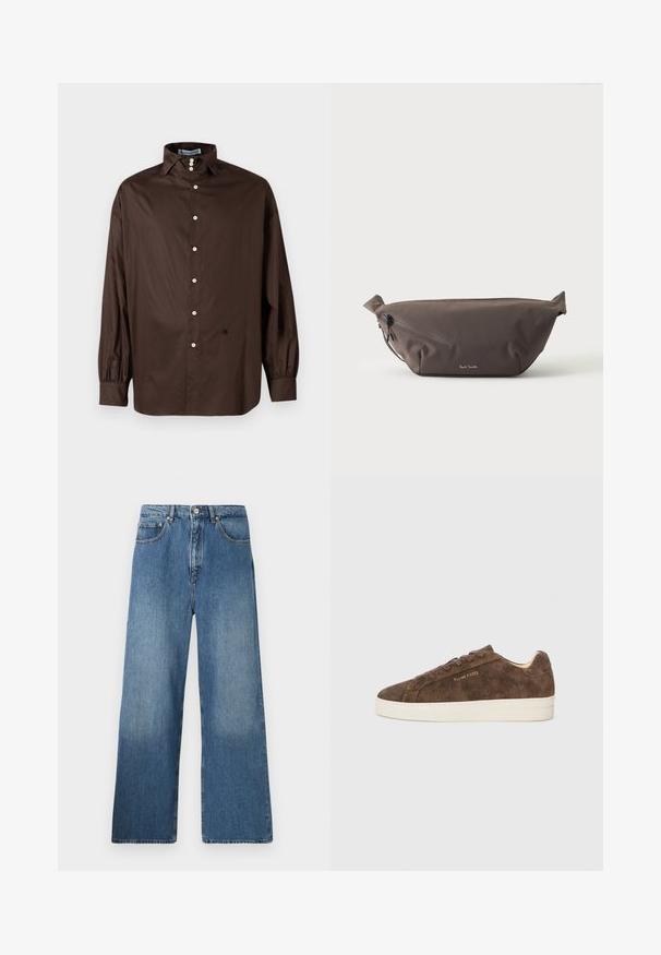 Chemise longue à manches marron en tissu lisse avec un col classique, fermeture à boutons sur le devant et poignets élastiqués ; présente un détail logo subtil.; Jean en denim bleu à jambes évasées avec un design classique à cinq poches, fermeture à bouton à l'avant et légères décolorations pour ajouter de la texture.; Baskets en daim marron avec une silhouette basse, un bout arrondi et une semelle en caoutchouc blanc. Elles présentent des lacets foncés et un logo discret sur le côté.; Sac banane en tissu marron foncé avec poche zippée en diagonale et petit logo blanc sur le devant, sur un fond clair uni.