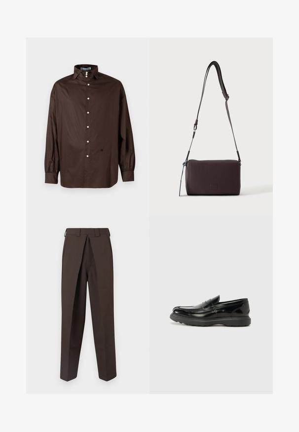 Braun langærmet skjorte i et glat stof med klassisk krave, frontlukning med knapper og elastiske manchetter; har et diskret logodetalje.; BLUEMARBLE WORK PANT - Bukser - brown; Sort læderloafer med en blank finish, rund tå, subtile syninger og en tyk gummisål for holdbarhed.; Mørkebrun textured læder crossbody taske med justerbar rem og lille dekorativ blå accent på siden.