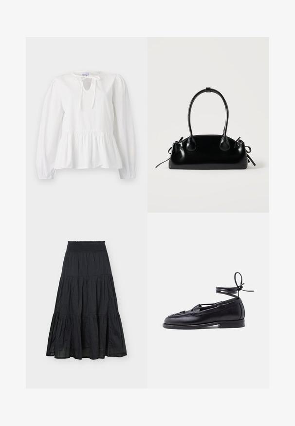 Blouse en coton blanc à manches longues, avec un détail de nœud au col et un ourlet peplum froncé. Texture douce avec une coupe décontractée.; Jupe longue noire à volants avec taille smockée élastique et panneaux de tissu froncés, silhouette fluide en ligne A.; Mocassin en cuir noir avec semelle plate et lacet autour de la cheville noué en un nœud, présenté sur un fond clair uni.; Petit sac à main noir brillant avec deux longues anses et des détails à cordon sur les côtés sur un fond clair uni.